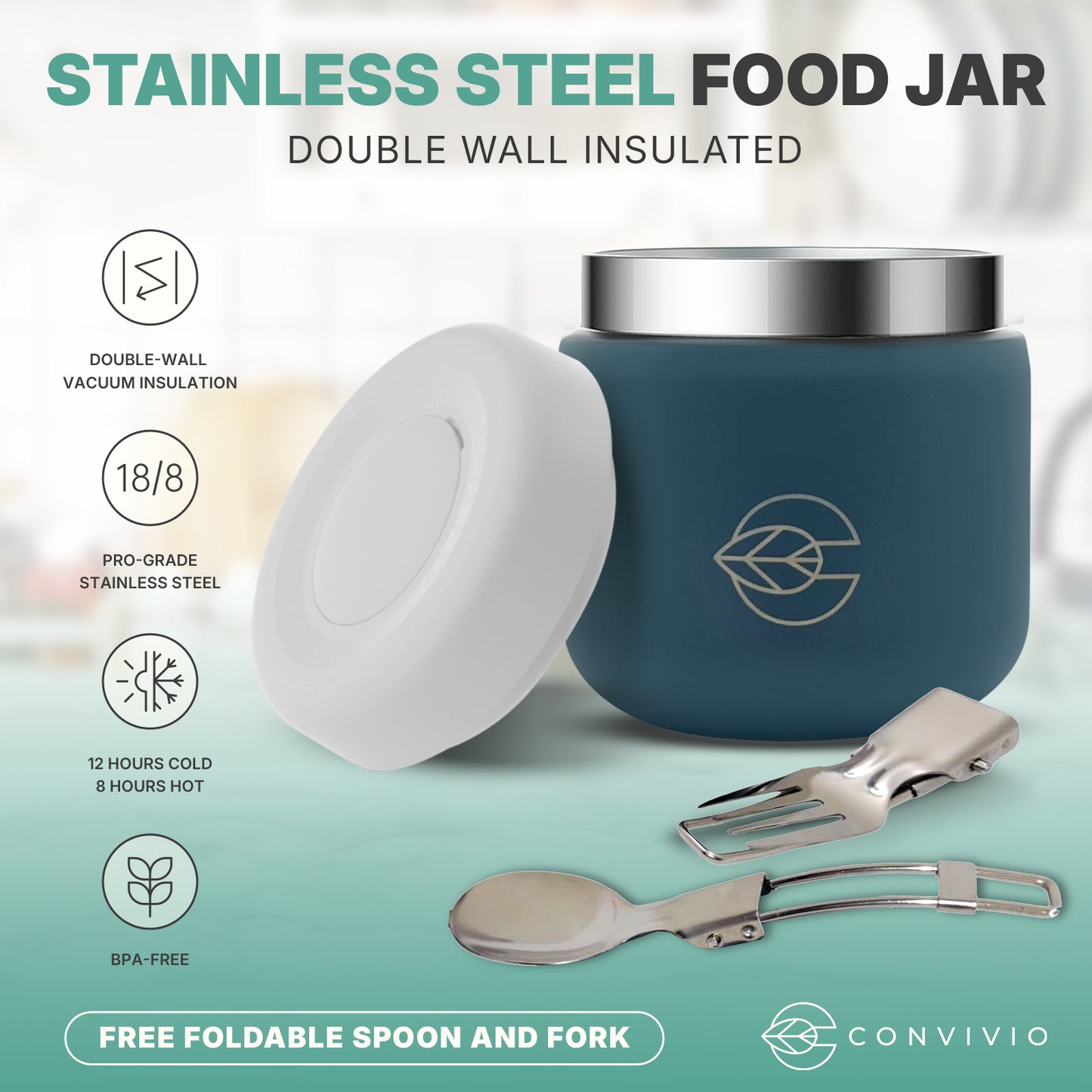 Convivio Stainless Steel Food Jar - Blue Jar with Grey Lid